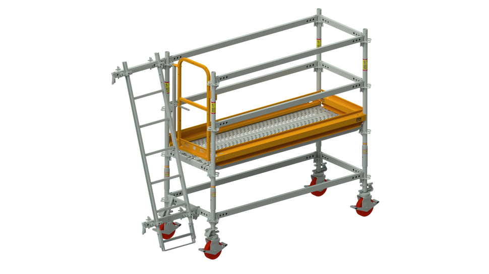 Die Rollgerüste aus dem PERI UP Gerüstbaukasten werden nahezu aus Kernbauteilen erstellt und dienen als Arbeitsgerüst für die Montage und Demontage der Paneel-Deckenschalung.