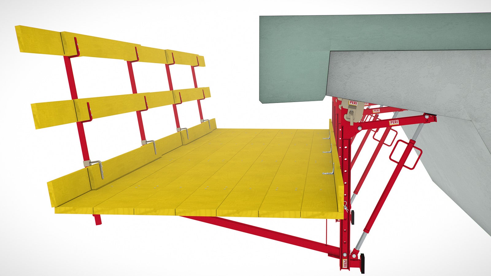 In the first stage of a refurbishment project, the working bracket serves as a platform for the removal of the existing cantilevered parapet.