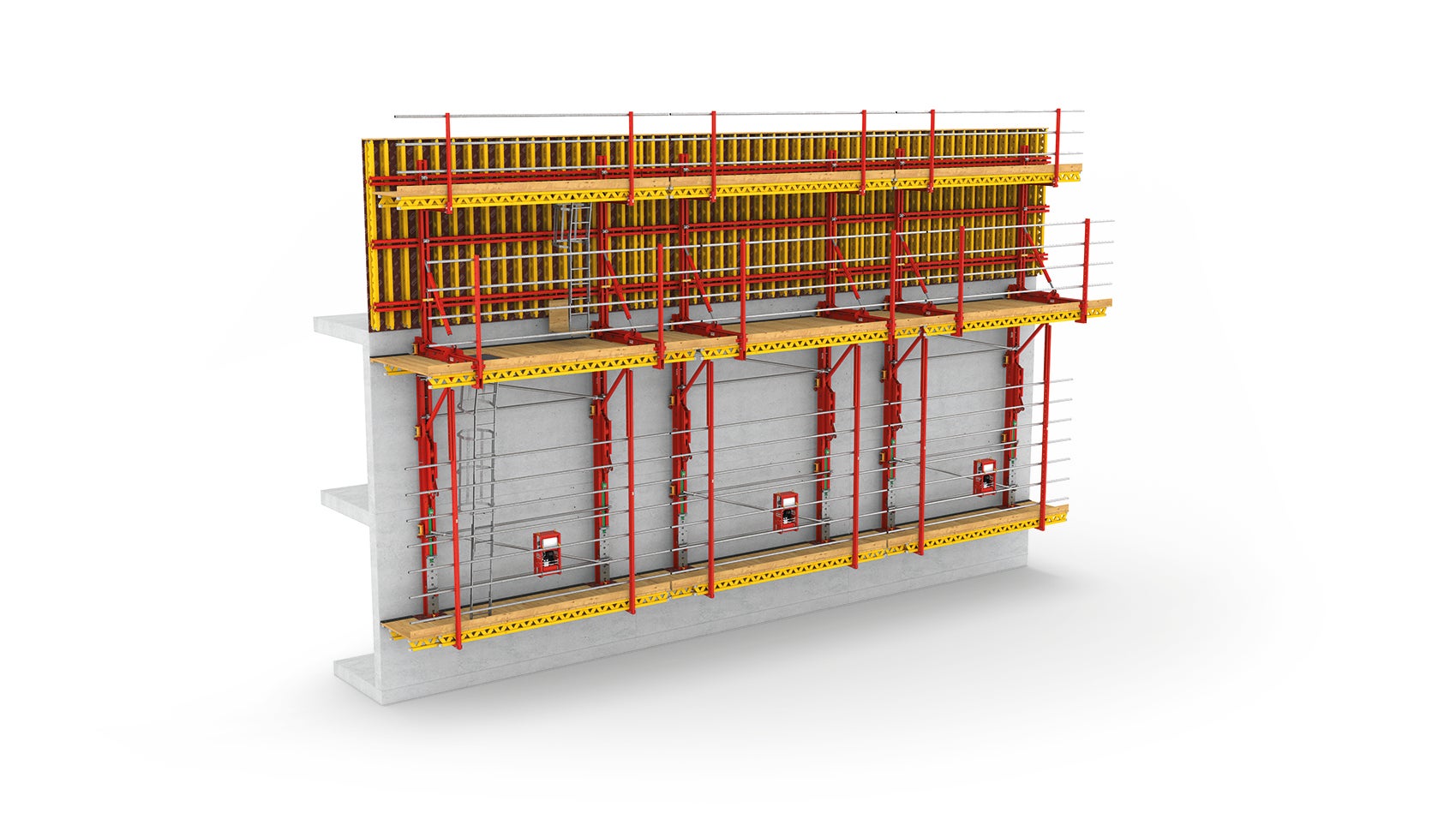 Die RCS MAX Antriebsschienen C und CL sorgen für ein ­sicheres Versetzen der Plattformen in 750-mm-Schritten. Der ­Zylinder ist fest mit dem System verbunden und klettert mit. RCS CL MAX eignet sich dabei insbesondere für niedrigere Gebäude.