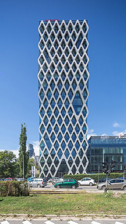 The 70 m high Prosta Tower has 19 floors and 5 basement levels.
