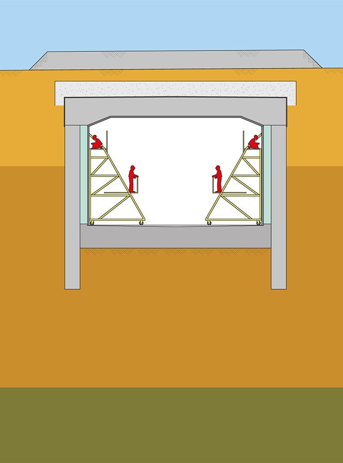 The tunnel slab was concreted after the diaphragm walls and rested on them. After that the excavation work started, beginning at the entrance portal.