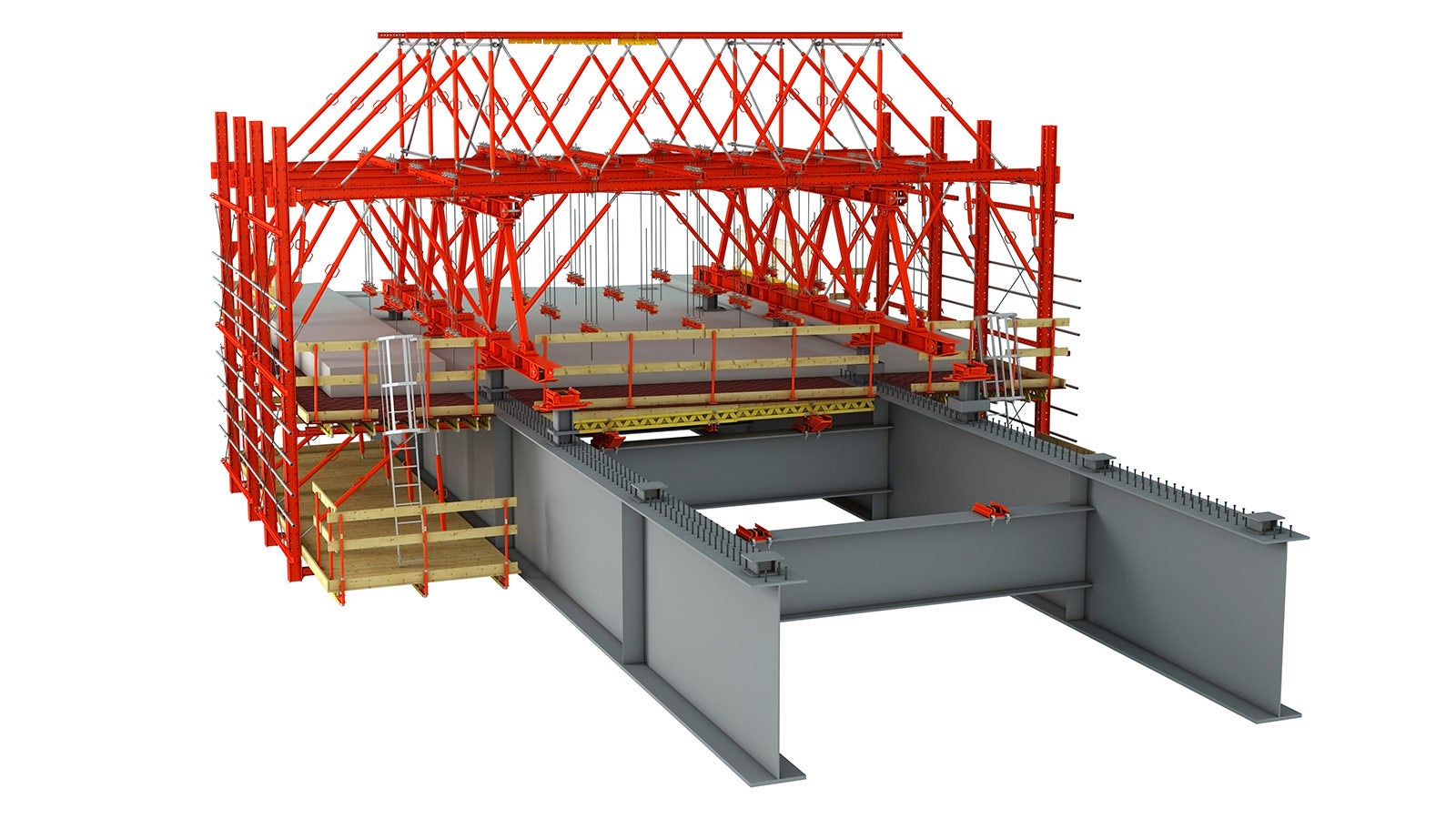 The formwork carriage, which consists of rentable standard material, is optimally adapted to the geometrical and static boundary conditions and therefore provides a very cost-effective solution.