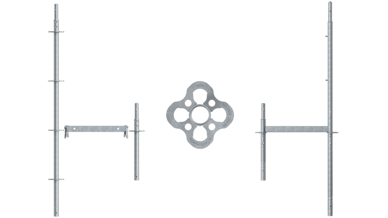Beide Systeme, links die Vertikalstielen mit Horizontalriegel des PERI UP FLEX und rechts ein Modul des PERI UP EASY Systems, lassen sich durch den gemeinsamen Rosett-Knoten flexibel kombinieren.