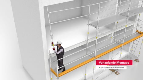 Systemintegrierte Sicherheit z.B. bei Skelettbauten ohne Zusatzbauteile. Sicheres Arbeiten ohne PSAgA im Regelaufbau. Einfaches Handling dank durchdachter Bauteil- und Aufbaulogik sowie leichten Bauteilgewichten. Bordbleche können aus der unteren, bereits gesicherten Lage angebracht werden.
