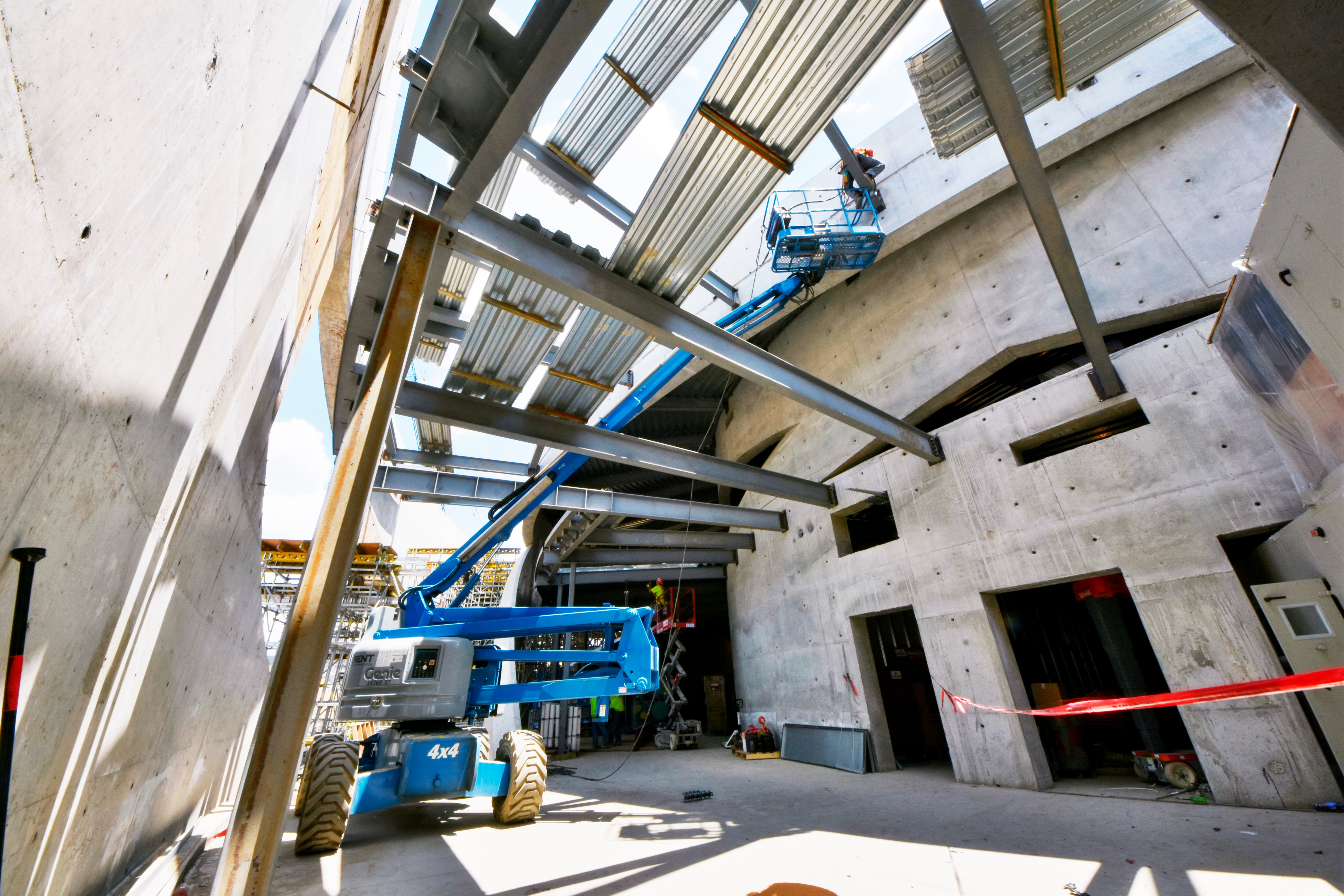 Installation of steel beams and stay-in-place forms for the outer mezzanine level of the National Veterans Memorial and Museum.