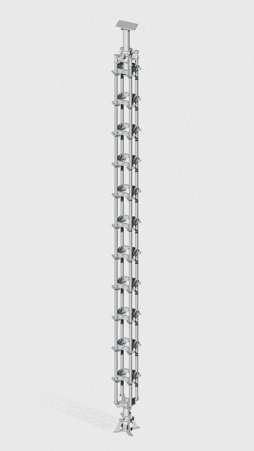 The new, 4-legged heavy-duty prop consists mainly of standard system components taken from the PERI UP Rosett Flex modular scaffolding system. It is used for transferring concentrated loads of up to 200 kN.