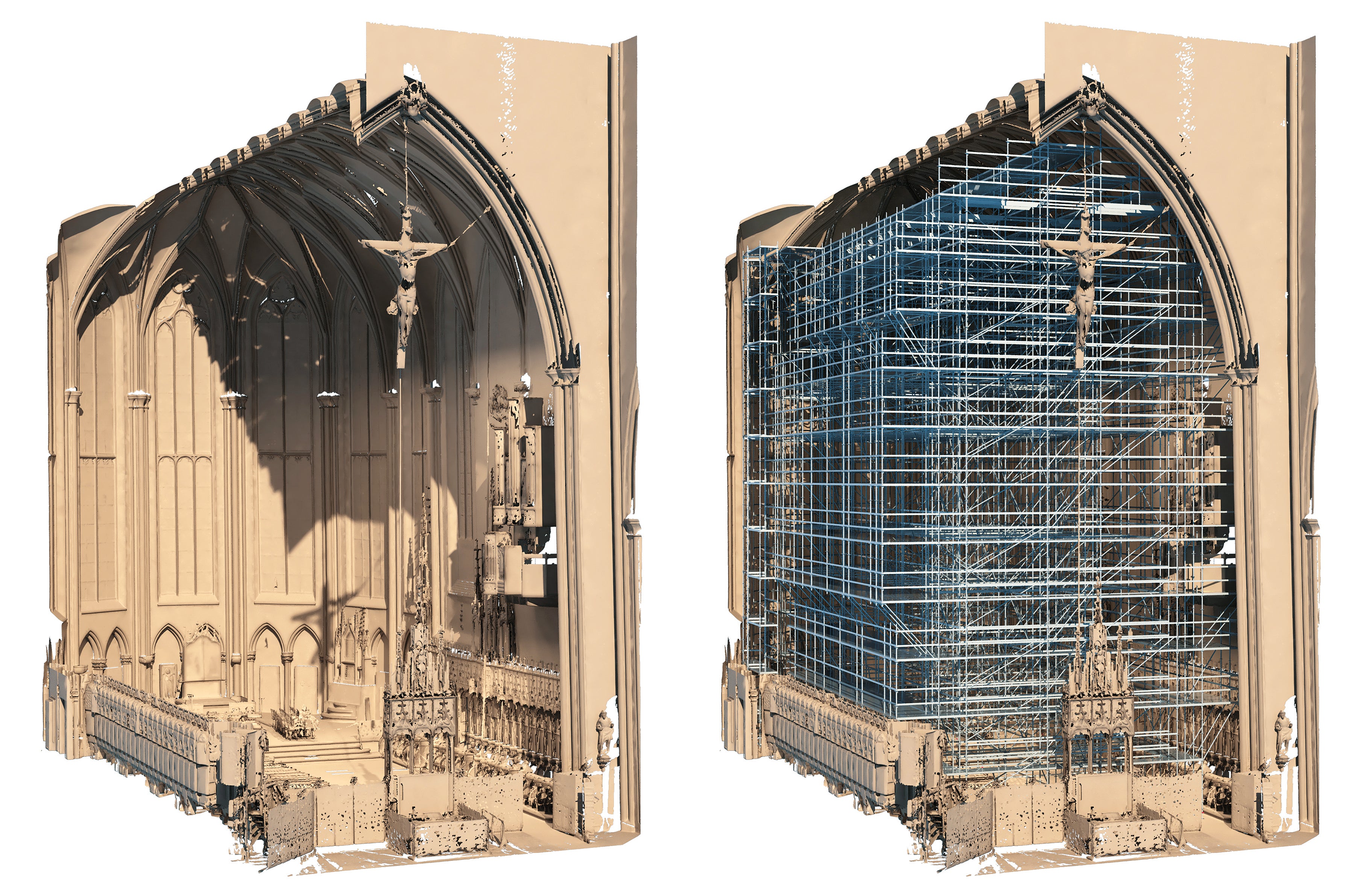 Der Innenraum wurde mangels Bestandsplänen mithilfe von 3D-Laser-Scanning erfasst und in ein 3D-Bauwerksmodell überführt – als Grundlage für die Gerüstplanung mit PERI CAD.