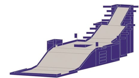 スノーボードランプ（イタリア、トゥリーン）PERIUP ロゼットの下部構造上でGT 24 型枠トラスビームの層が高荷重を受け止めます。