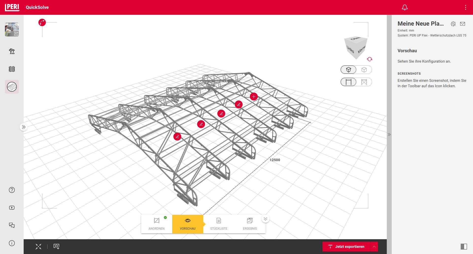Konfigurieren Sie in wenigen Schritten das passende Wetterschutzdach für Ihre Baustelle. Definieren Sie die gewünschten Abmessungen und Materialoptionen und betrachten Sie die Lösung direkt in 3D. Weitere Dachfelder und unterschiedliche Aussteifungsvarianten können flexibel ergänzt werden, um die Planung optimal an Ihre Anforderungen anzupassen.