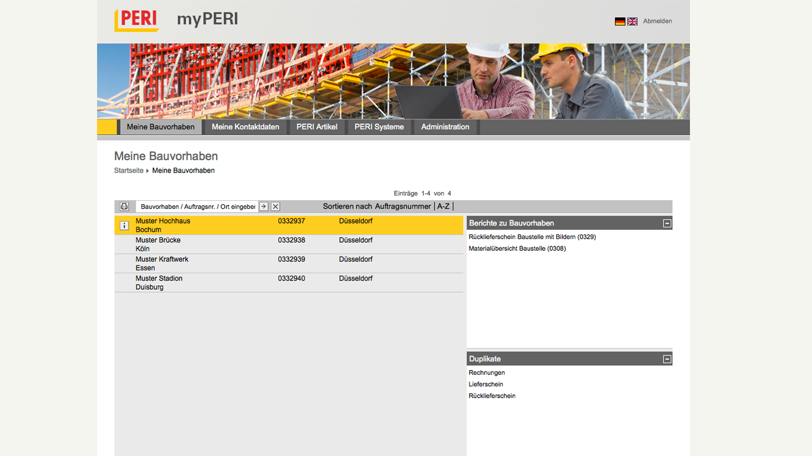 In myPERI, the customer can find all his active jobsites with PERI. Helpful reports and copies of important documents concerning these jobsites are stored.