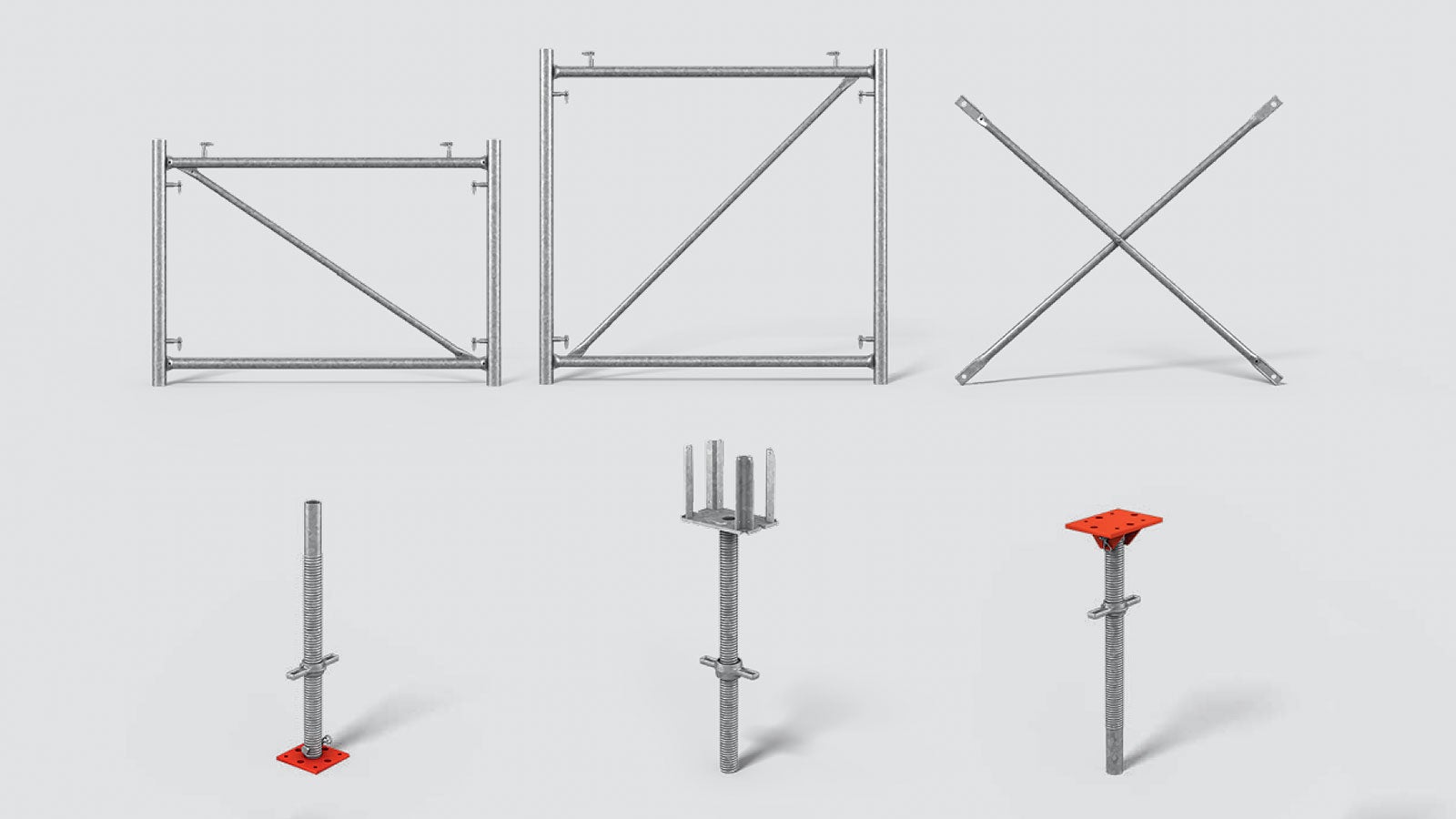 连接框架、对角撑杆、十字柱头螺杆、定位螺母、螺杆、柱底板和支托板。