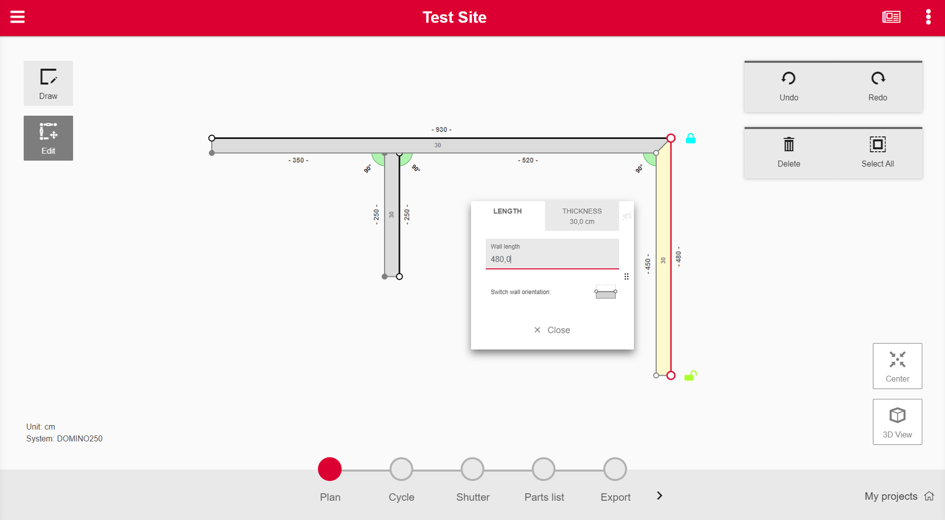 Layout in step plan: In the menu „Select“, users can change the dimensions of their layout (wall thicknesses, delete walls, etc.).
