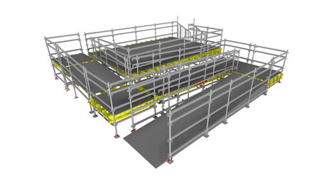 Подиум для маломобильных групп населения размером 7,5 х 7 м имеет одну особенность: пандус, который одновременно компактный в плане и соответствует допустимым уклонам.