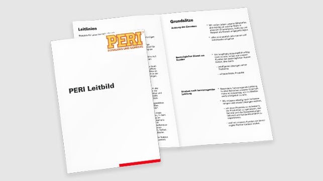 <p>A PERI sikere a kezdetektől fogva magában foglalja az értékek stabil alapját. Artur és Christl Schwörer számára három alapelv különösen fontos: az egyén tisztelete, az ügyfél lehető legjobb kiszolgálása és a kiemelkedő teljesítményre való törekvés. 1985-ben az alapító Artur Schwörer ezekből az elvekből küldetésnyilatkozatot alkotott.</p><br/>