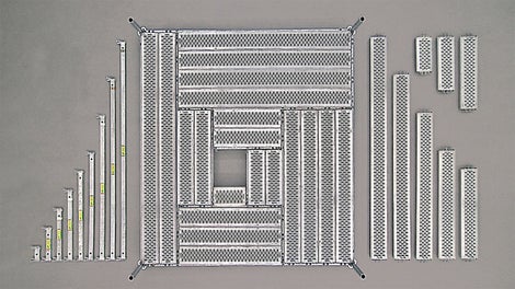 Moduł szerokości podestów rusztowaniowych PERI UP wynosi 25 cm. Dzięki temu można szczelnie zakryć wszystkie pola rusztowania roboczego.