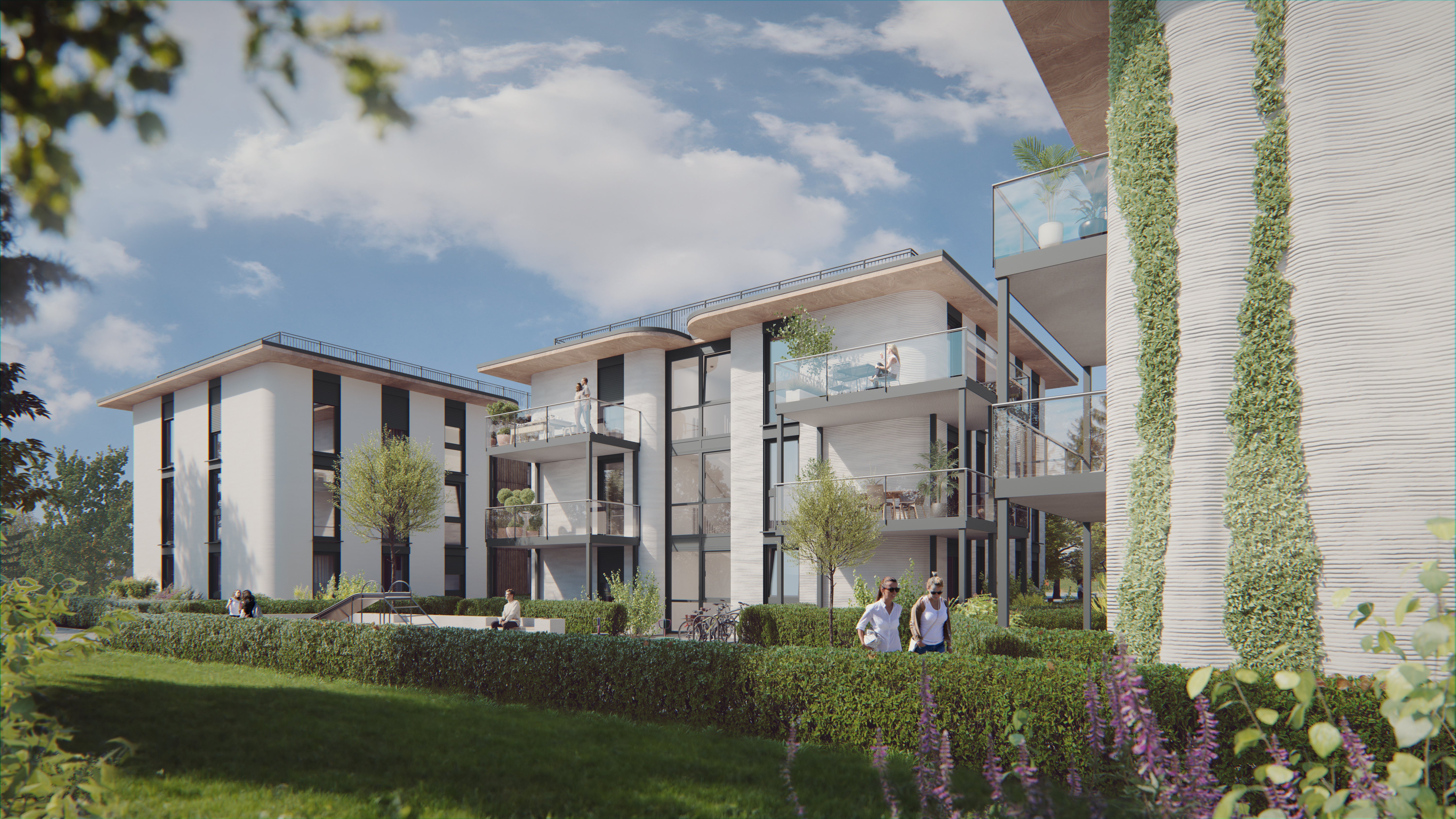 In early summer 2026, the buildings will be ready for commercial residential use. The future tenant, MyStay Scherer, will operate the boarding house “HEI³ Apartments – Heidelberg to the Power of 3” here, offering serviced apartments for temporary living.<br/>(Rendering: Korte-Hoffmann Gebäudedruck und PERI 3D Construction)