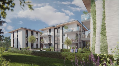 In early summer 2026, the buildings will be ready for commercial residential use. The future tenant, MyStay Scherer, will operate the boarding house “HEI³ Apartments – Heidelberg to the Power of 3” here, offering serviced apartments for temporary living.<br/>(Rendering: Korte-Hoffmann Gebäudedruck und PERI 3D Construction)