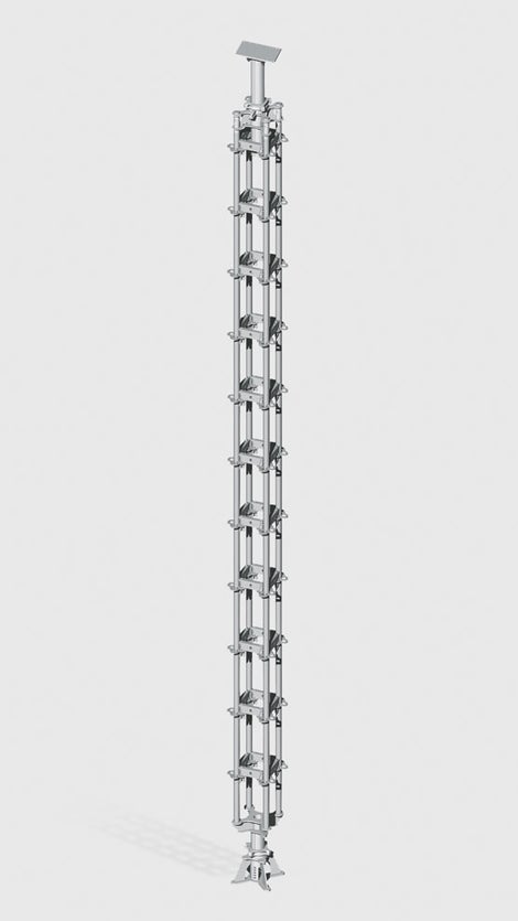 The new, 4-legged heavy-duty prop consists mainly of standard system components taken from the PERI UP Rosett Flex modular scaffolding system. It is used for transferring concentrated loads of up to 200 kN.