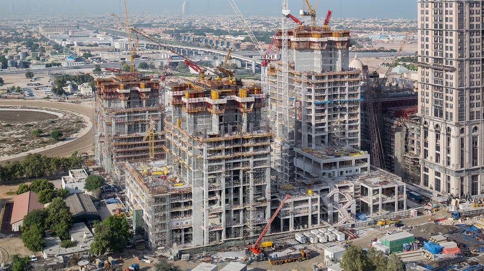 The Al Habtoor City Towers are three high-rise buildings which are growing up to a height of 300 meters at the same time.