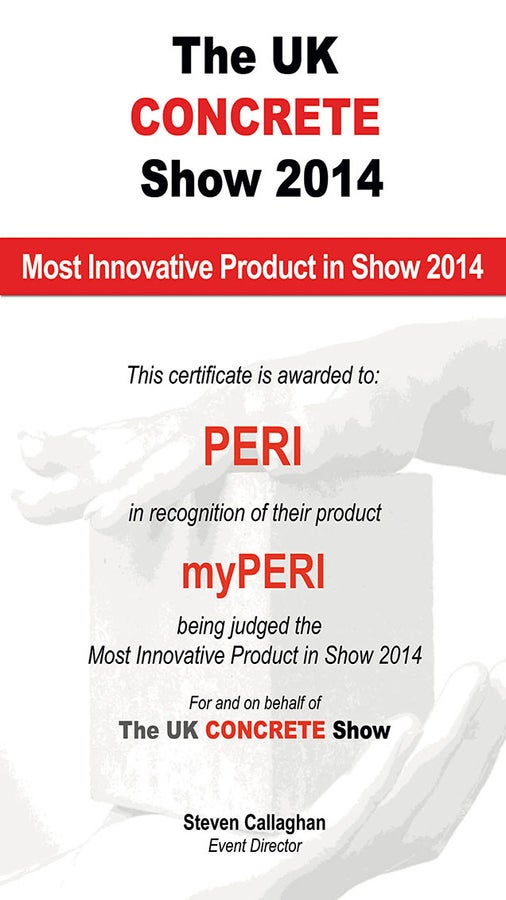 The market launch of the online portal in Great Britain was a great success: myPERI was awarded the "Most Innovative Product" prize at the UK CONCRETE Show.