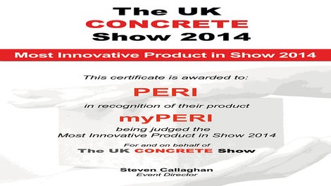 The market launch of the online portal in Great Britain was a great success: myPERI was awarded the "Most Innovative Product" prize at the UK CONCRETE Show.