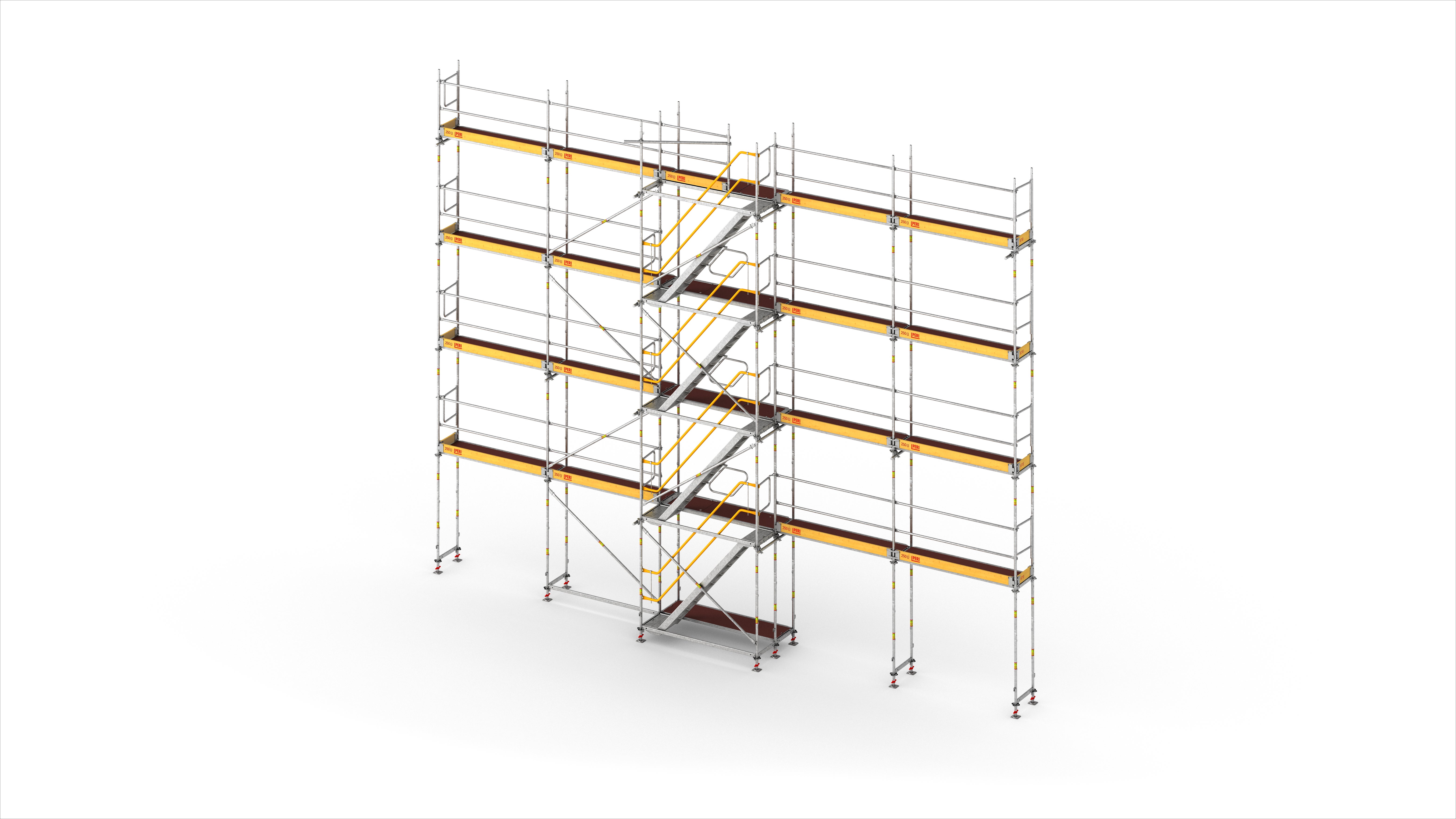 Die PERI UP Treppe in 67 cm Breite – übergangslose Montage über den integrierten Gerüstknoten des Easy Rahmen oder Easy Stiel an das PERI UP Fassadengerüst