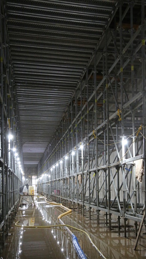 PERI UP Scaffolding is used as a shoring solution to support the tunnel roof during construction.