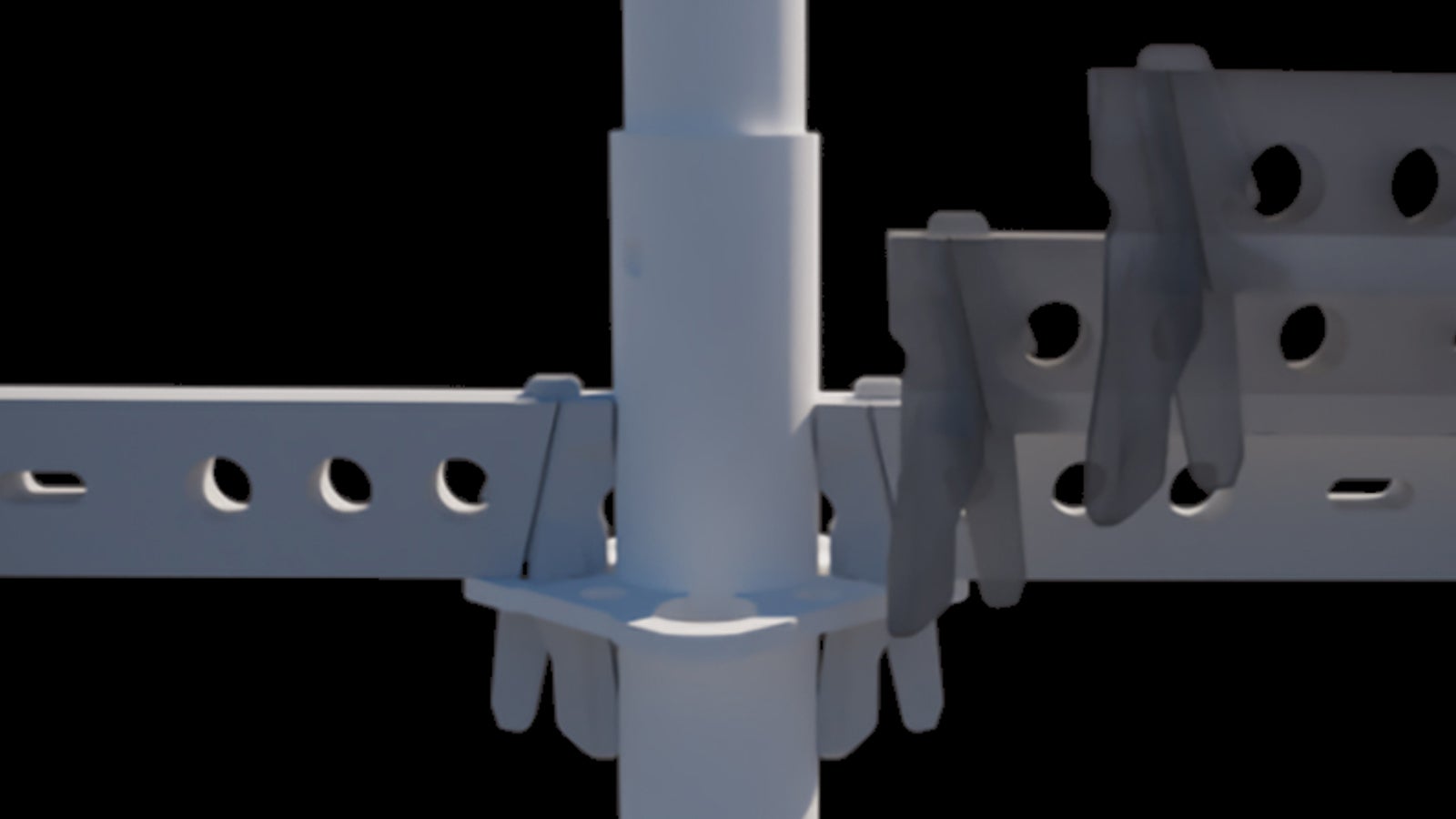 The gravity lock facilitates fast assembly of the modular scaffolding: by inserting the wedge head into the Rosette Connector, the wedge drops by force of gravity into the hole and then locks.