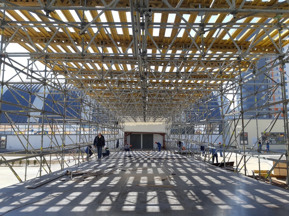 Переходная Галерея. Временный павильон для Европейских Игр 2019 года по ул. Чюрлениса. Студенческая деревня.