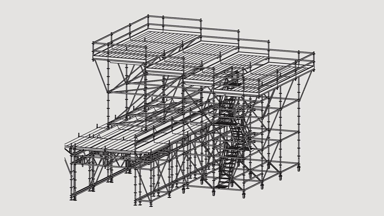 Das 10 m hohe und 9 m lange Arbeitsgerüst mit integriertem Treppenzugang ist verfahrbar ausgebildet.