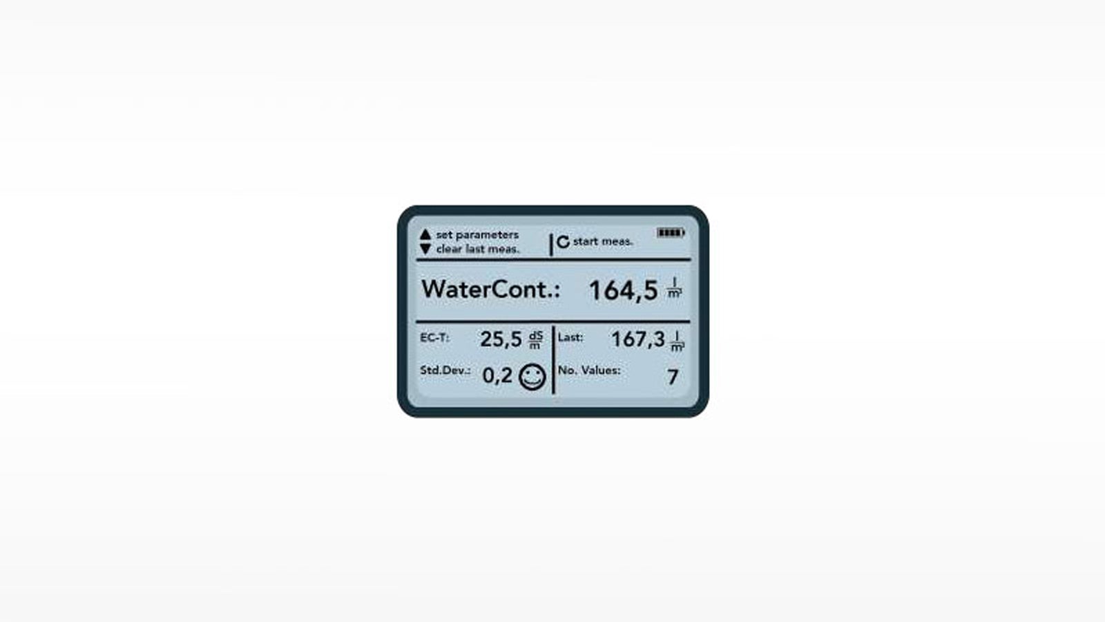 The handheld device shows the water content in the fresh concrete with an accuracy of +/- 3 l/m³. The actual w/c ratio can then simply be calculated on the basis of this water content and the cement content (specified in kg on the delivery note).