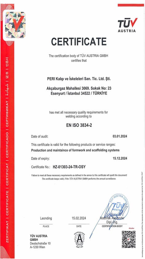 EN ISO 3834-2 Kaynaklı İmalat Uygunluk Kalite Yönetim Sistemi