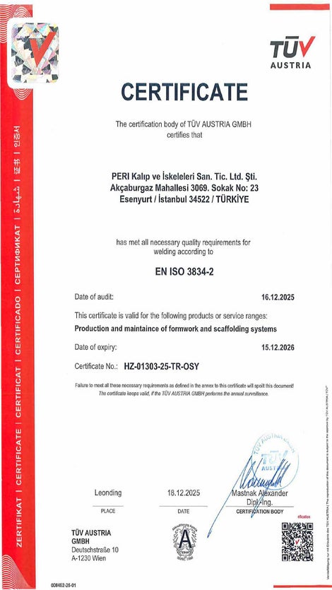EN ISO 3834-2 Kaynaklı İmalat Uygunluk Kalite Yönetim Sistemi