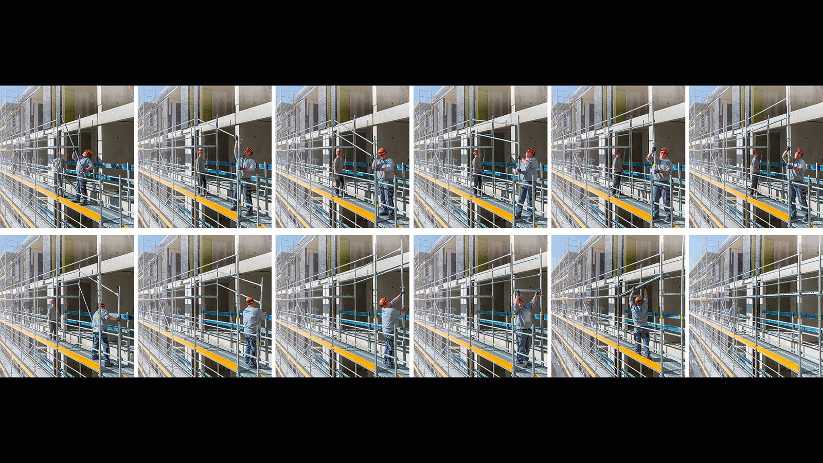 Das Geländer für die nächste Gerüstlage lässt sich mit dem Easy Stiel von der unteren, gesicherten Ebene aus vorlaufend montieren. Für die sichere Montage des Grundaufbaus sind dazu weder zusätzliche Einzelbauteile notwendig, noch muss eine persönliche Schutzausrüstung gegen Absturz getragen werden.