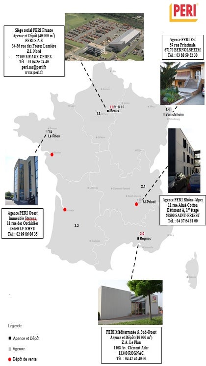 La carte de France PERI avec l’ensemble de ses implantations : siège social et agences, parcs matériels, dépôts de vente matériel.