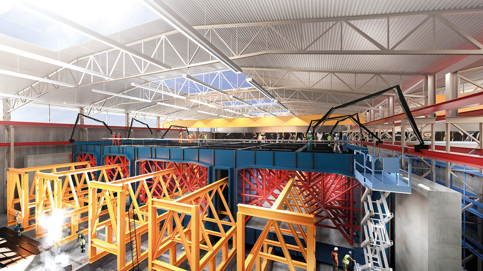 Visualisation of the casting hall in the tunnel element factory.<br/>(Illustration: Femern A/S)