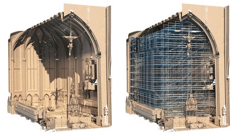 Der Innenraum wurde mangels Bestandsplänen mithilfe von 3D-Laser-Scanning erfasst und in ein 3D-Bauwerksmodell überführt – als Grundlage für die Gerüstplanung mit PERI CAD.