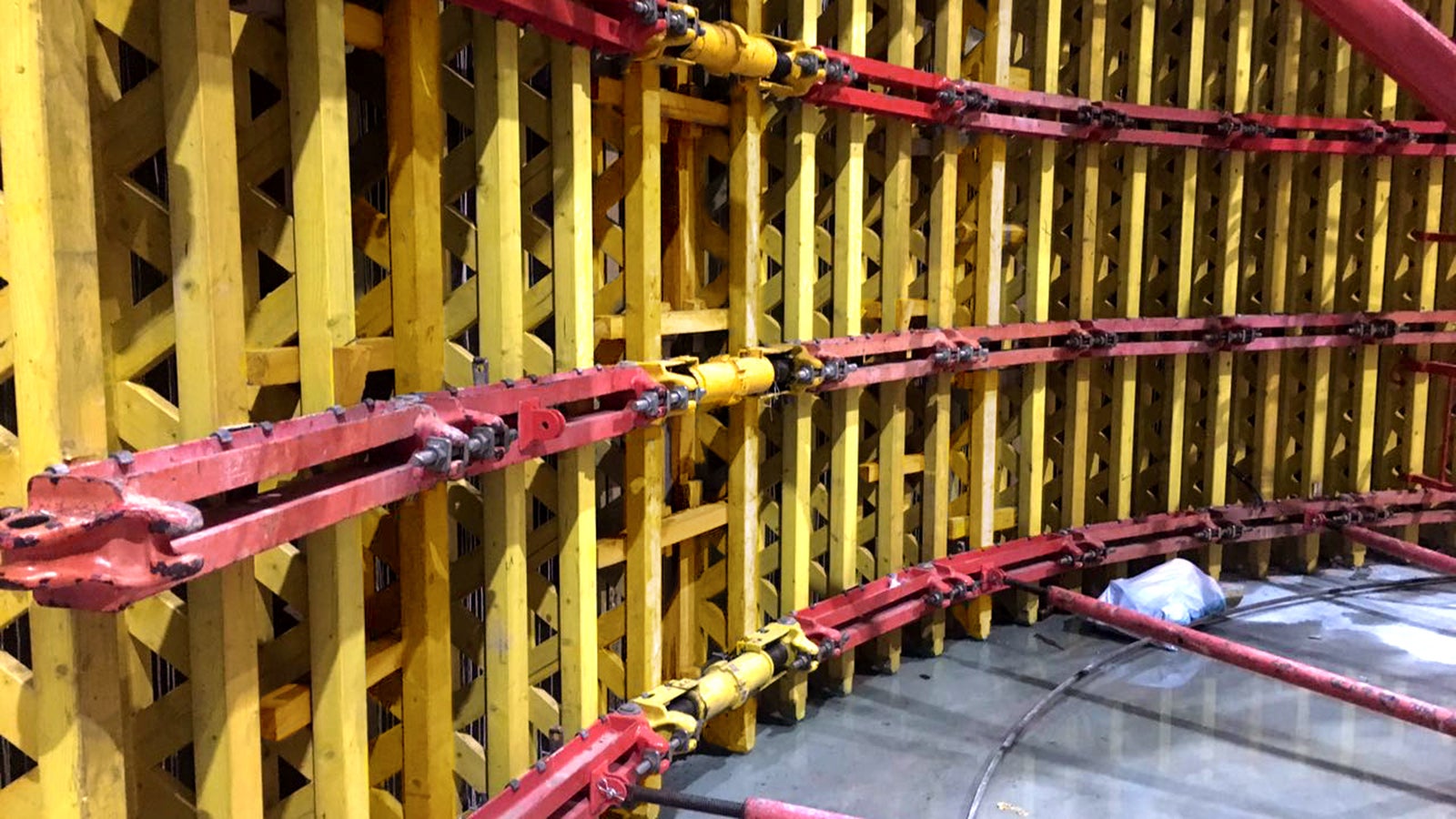 GRV Articulated Waler Circular Formwork systems are seen here at the bottom of the shaft pit.