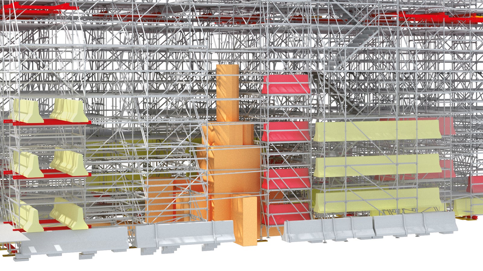 A mixture of ballast and flexible modular scaffold was built around the historic monument. 3D visualisation of the complex structure helped to protect the statue. (3D model: PERI Iberia)<br/>