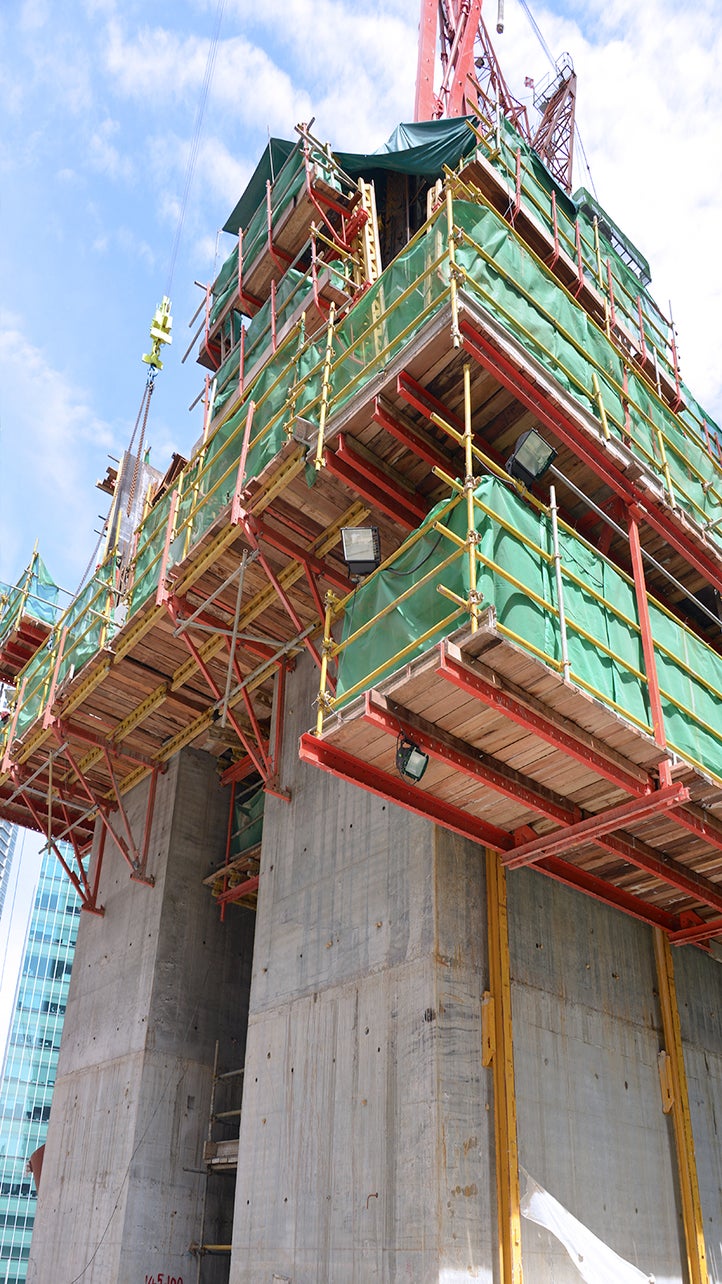 CB 240 Climbing Formwork system has a time-saving moving procedure of the securely assembled units consisting of platform and formwork in only one crane lift.