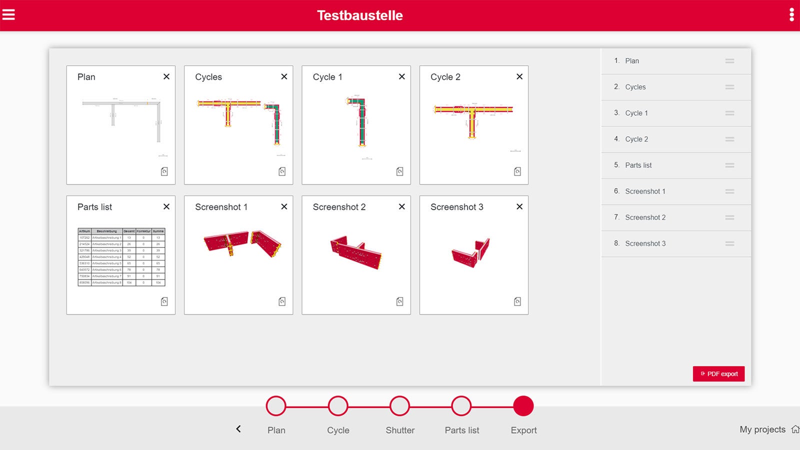 Export: The user can choose which information to export from PERI QuickSolve.