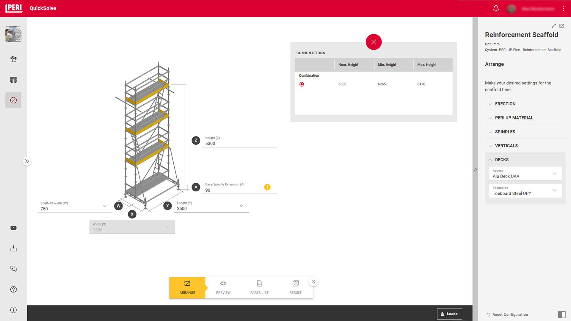 Create in pochi clic un ponteggio di lavoro per la vostra applicazione. Potete configurarlo esattamente secondo le vostre esigenze e successivamente visualizzarlo in 3D per non tralasciare nulla. Stampate la distinta materiali, gli screenshot e le informazioni generali per averli subito a disposizione durante il montaggio.