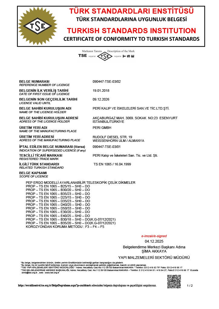 TS EN 1065 Ayarlanabilir Çelik Teleskobik Dikmeler