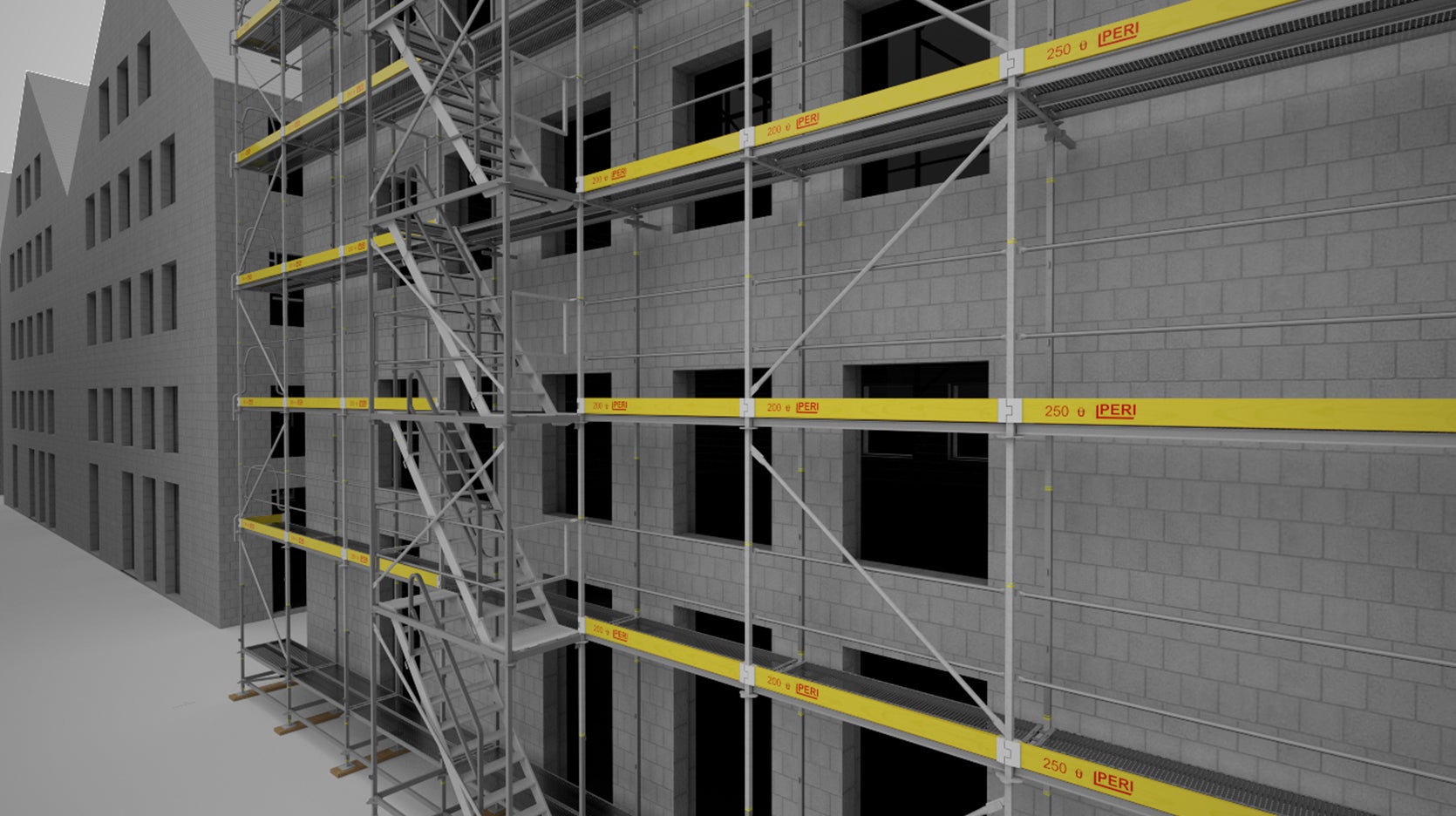 Scaffmax si configura automaticamente in base alle specifiche di allestimento, incorpora i giunti angolari di conseguenza e tiene conto delle condizioni del terreno.