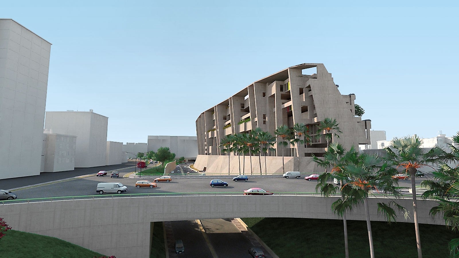 El estilo tribuna, casi 50 m de altura del campus universitario tiene el efecto de un acantilado artificial, empinado cuando se ve desde la autopista, y cascadas hacia abajo en una serie de pasos en dirección sur. (Ilustración: Gafton Architecs)
