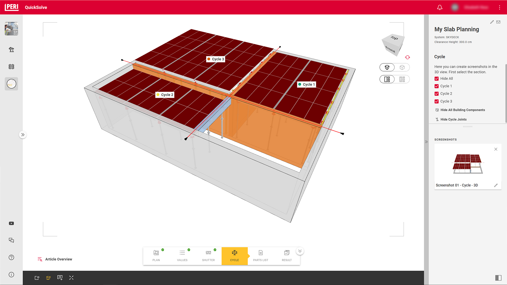 Utilizzate il pianificatore dei solai PERI QuickSolve per il vostro progetto SKYDECK! Ampliato con pareti in laterizio e travi, la progettazione è intuitiva come nel nostro pianificatore per pareti. Definite le aperture del solaio e impostate altezze e spessori diversi per ogni ambiente in modo individuale. Stabilite i limiti di getto e continuate a definire i vostri cicli – se lo desiderate, scegliete il sistema SKYDECK con testa a caduta e disarmo anticipato per ridurre notevolmente il materiale in cantiere.