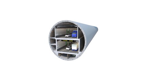 Tunnel tunnelis: tunnel läbimõõduga 17.50 m, kahetasandiline sõidutee – nende konstruktsioonide monoliitbetoonosade valamiseks rakendati PERI raketise lahendust. (Rendering: Washington State Department of Transportation)<br/>