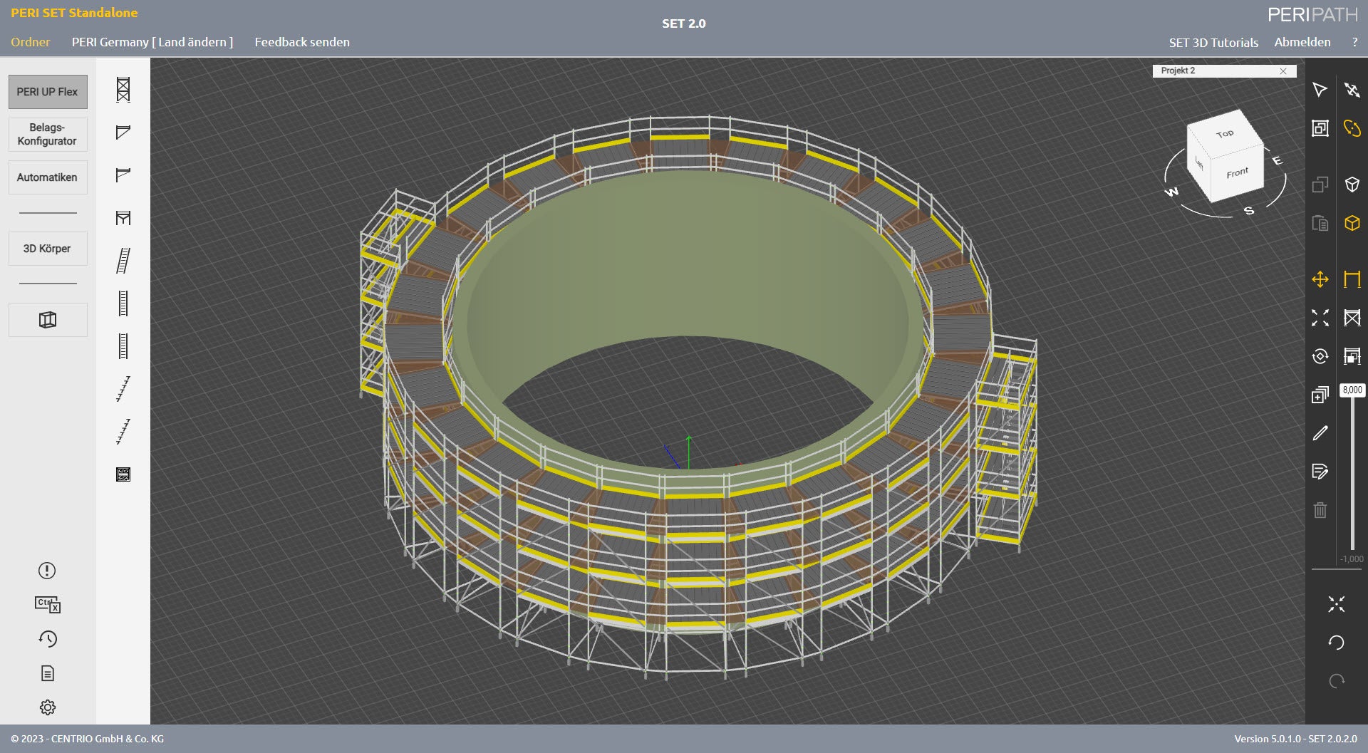Die Automatikfunktion unterstützt Sie bei der Planung kreisrunder Anordnungen von Gerüsten. In wenigen Klicks ordnet SET die Gerüsteinheiten automatisch an den erforderlichen Radius an. Zudem kann durch die Platzierung von 3D-Körpern die Umgebung, in die das Gerüst geplant wird, dargestellt werden. 