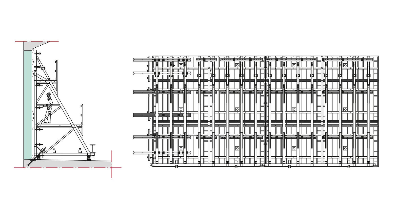 Piedritto verticale realizzato con due unità di cassaforma TRIO e puntellazioni di sostegno SB traslabili mediante l’accoppiamento di orditure di correnti (a sinistra) per realizzare il ciclo tipo di costruzione; sezione Verticale (a destra)