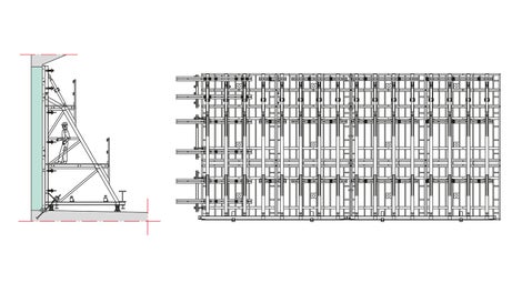 Piedritto verticale realizzato con due unità di cassaforma TRIO e puntellazioni di sostegno SB traslabili mediante l’accoppiamento di orditure di correnti (a sinistra) per realizzare il ciclo tipo di costruzione; sezione Verticale (a destra)